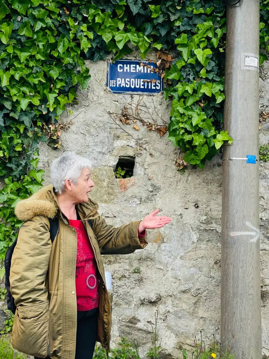 Patricia, conteuse botanique, racontant devant la plaque du chemin des Pasquettes, sur un mur de pierres couvert de lierre